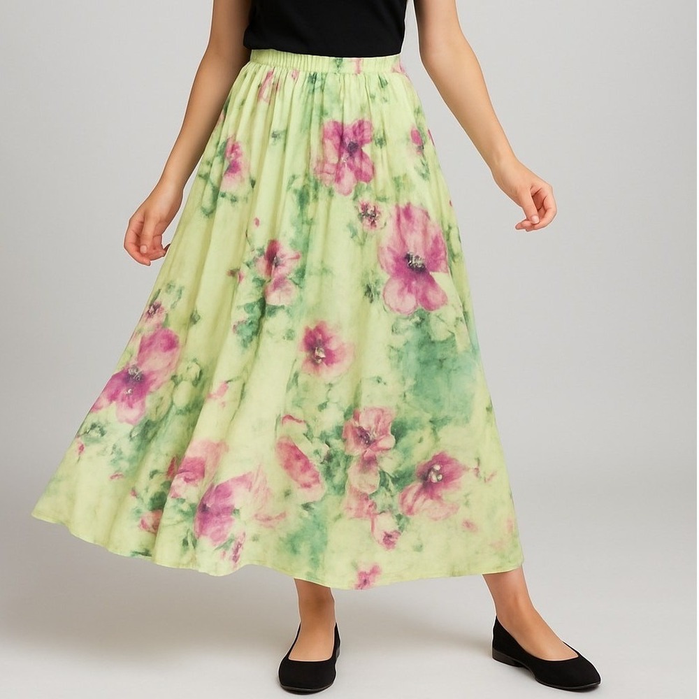 Chicwish Floral Maxi Skirt Lime Green Pink Watercolor XS/S Boho Summer Flowy